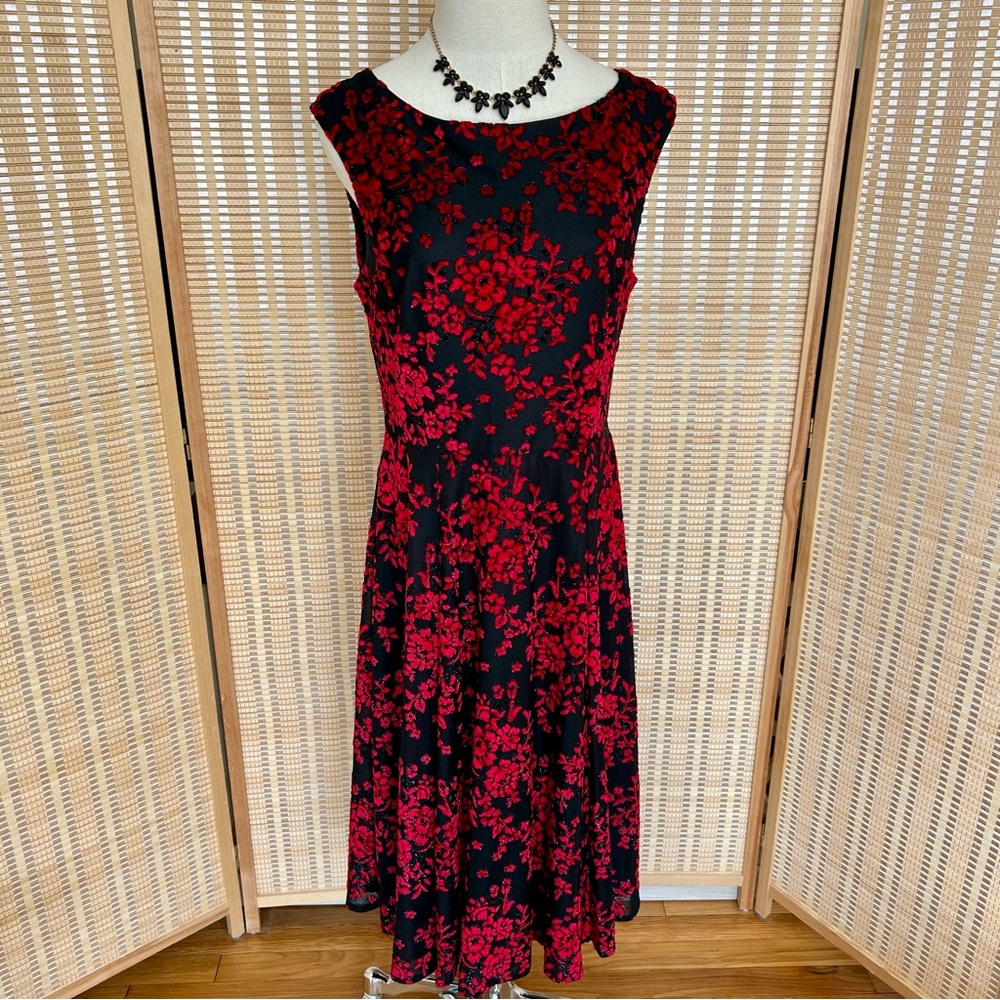 Betsey Johnson Dress size 10 black red floral burnout velvet midi romantic